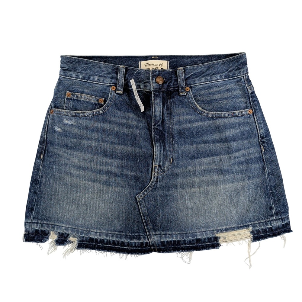 Madewell‎ Postage Stamp Rigid Denim Mini Skirt NU505 Distressed Raw Hem 25 NEW